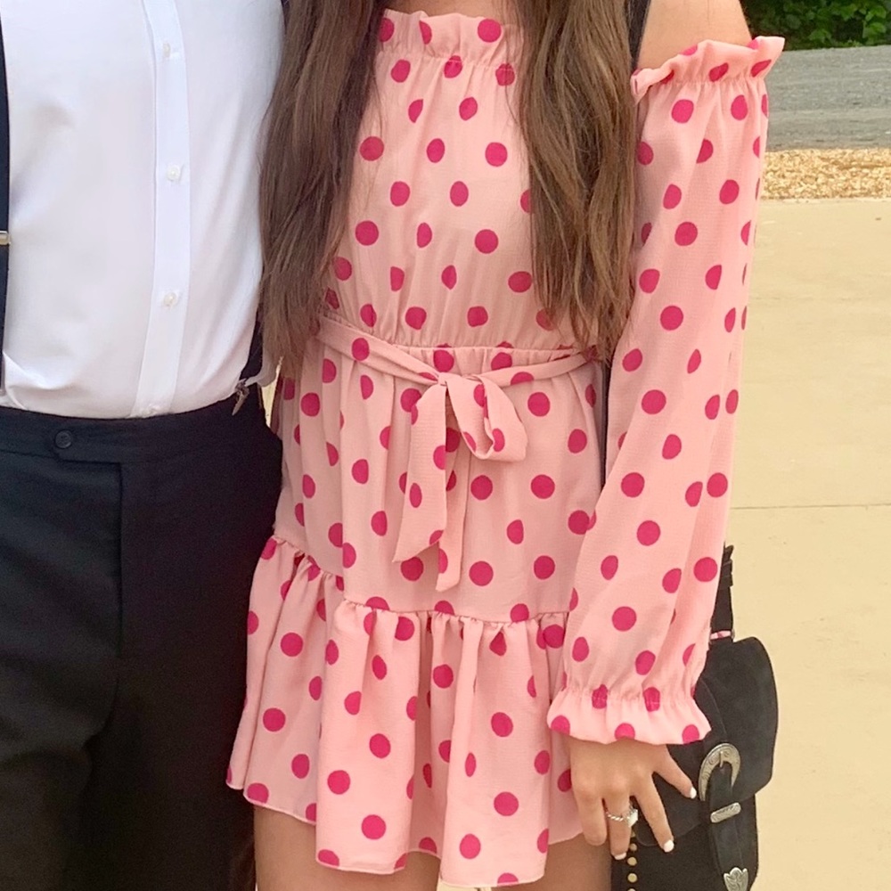 Pink polka dot off the shoulder dress with waist tie